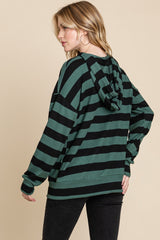 BOMBOM Women's Striped Drawstring Dropped Shoulder Hoodie - Trendy Streetwear