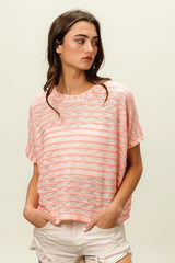 BiBi Braid Striped Round Neck T-Shirt - Chic Short Sleeve Top