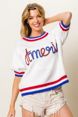 BiBi Women's Metallic America Short Sleeve Sweater - Trendy Patriotic Style