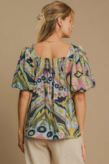 Umgee Women's Full Size Abstract Print Smocked Blouse with Square Neck & Puff Sleeves - Vibrant Style & Comfort