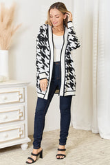 Elegant Houndstooth Open Front Longline Cardigan - Versatile Layering Piece