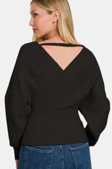 Zenana Cross Wrap Ribbed Long Sleeve Viscose Sweater - Soft & Fashionable