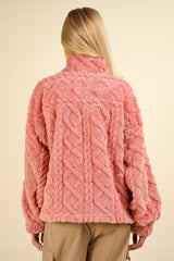 VERY J Women's Cozy Fuzzy Fleece Half Zip Sweatshirt with Cable Pattern & Corduroy Elbow Patches