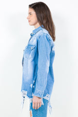 American Bazi Frayed Hem Distressed Denim Shirt Jacket - Versatile & Trendy Outerwear