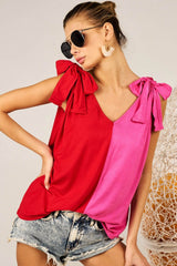 BiBi Women's Shoulder Ribbon Tied Contrast Tank Top - Trendy & Versatile