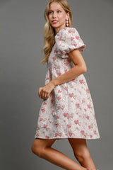 Umgee Heart Jacquard Mini Dress with Square Neck & Puff Sleeves - Romantic Style