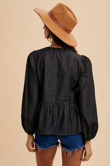 Trendy Tie Front Peplum Denim Top - Long Sleeve Fashion Blouse