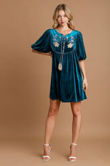 Umgee Women's Embroidered Velvet Mini Dress with Tassels - Perfect for Special Events