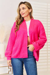 Cozy Rib-Knit Open Front Cardigan with Drop Shoulder Design