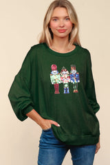 Festive Sequin Nutcracker Patch Hacci Knit Top - Soft & Stretchy Holiday Apparel