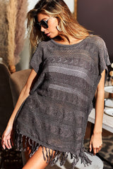 BiBi Fringed Hem Short Sleeve Knit Top - Bohemian Style, 100% Cotton