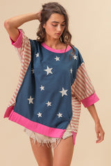 Patriotic US Flag Color Block T-Shirt with Star Patches - BiBi