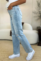 Judy Blue High Waist Distressed Straight Jeans - Full Size Denim with Stretch