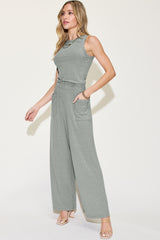 Trendy Ribbed Tank & Wide Leg Pants Set - Full Size, Stylish & Comfortable