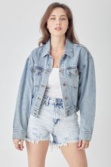 RISEN Women's Cropped Denim Jacket - Button Down, Trendy & Versatile