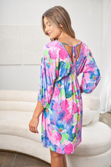 Chic White Birch Full Size V-Neck Tie Back Mini Dress with Eye-Catching Print