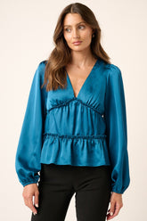 Mittoshop Luxurious Satin V Neck Ruffled Tier Blouse for Women