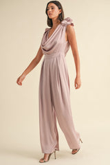 MABLE 3D Floral Applique Satin Jumpsuit with Deep Cowl Neck