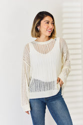 HYFVE Women's Openwork Knit Top with Ribbed Trim - Long Sleeve