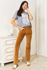 Simply Love USA Flag Graphic Cuffed Sleeve T-Shirt for Patriotic Style