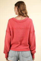 Cozy Fall Fashion: VERY J Women's V-Neck Ribbed Knit Top with Exposed Seams