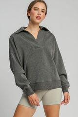 Umgee Women's Johnny Collar Dropped Shoulder Sweatshirt – Chic & Comfortable Casual Wear