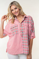 Chic White Birch Plaid Color Block Half Button Top for Women
