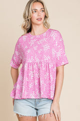 BOMBOM Elegant Floral Round Neck Peplum Blouse - Chic & Versatile