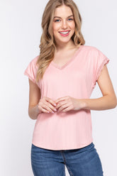 ACTIVE BASIC Women's Lace Trim V-Neck Ribbed Top - Chic Short Sleeve Fashion