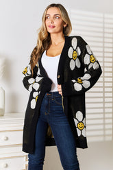 Stylish Floral Button Down Longline Cardigan with Ribbed Design