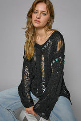 POL Distressed Drop Shoulder Long Sleeve Knit Top for Avant-Garde Style