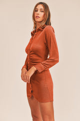 MABLE Front Ruched Button-Down Skinny Mini Shirt Dress - Chic Bodycon Style