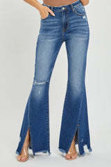 RISEN Full Size High Rise Flare Jeans with Front Slit & Frayed Hem