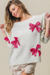 BiBi Sequin Bow Puff Sleeve Sweater - Glamorous & Chic