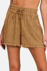 Zenana Women's Washed Linen Frayed Hem Drawstring Shorts - Perfect Summer Fashion