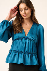 Mittoshop Luxurious Satin V Neck Ruffled Tier Blouse for Women