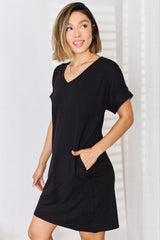 Zenana Full Size Women's Versatile V-Neck Short Sleeve Dress - Comfortable and Chic