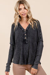 Mittoshop Women's Washed V-Neck Long Sleeve Blouse - Vintage Style, 100% Cotton