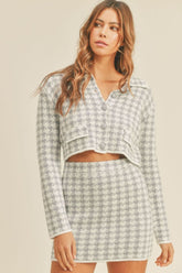 Chic Houndstooth Cropped Knit Cardigan & Mini Skirt Set - MABLE
