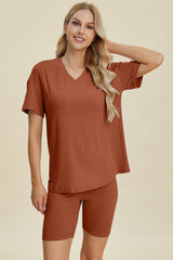 Trendy Ribbed V-Neck Short Sleeve Top & Shorts Set - Comfortable Two-Piece Outfit
