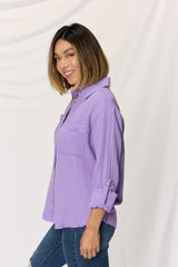 Zenana Women's Textured Button-Up Raw Hem Long Sleeve Cotton Shirt