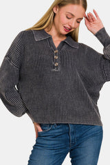 Zenana Women's Washed Cotton Half Button Long Sleeve Sweater - Casual Chic