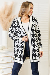 Elegant Houndstooth Open Front Longline Cardigan - Versatile Layering Piece