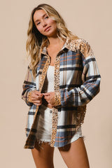 BiBi Women's Sequin Plaid Shacket - Stylish Curved Hem Button-Up Jacket