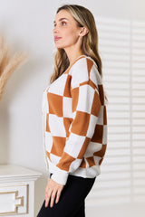 Trendy Checkered Button-Up V-Neck Cardigan with Dropped Shoulders