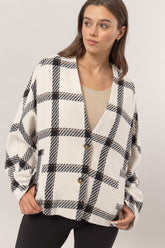 HYFVE Women's Plaid Long Sleeve Jacket with Modern Design and Side Slit Pockets