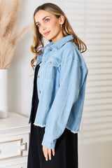 Trendy Double Take Dropped Shoulder Raw Hem Denim Jacket for Effortless Style