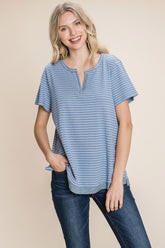 Cotton Bleu by Nu Label Women's Stripe Slit Notch Short Sleeve T-Shirt - 100% Cotton