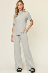 Women's Basic Style Two-Piece Set: Round Neck T-Shirt & Wide Leg Pants