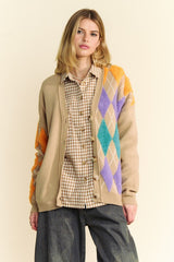 Davi & Dani Argyle V-Neck Dropped Shoulder Women's Cardigan - Chic & Cozy Style